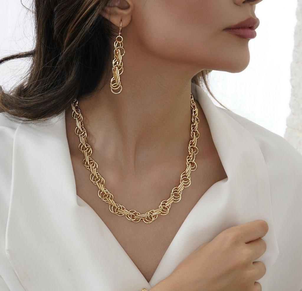 نیمست مجلسی( گردنبند و گوشواره) ،طلاروس ، رنگ ثابت و بدون حساسیت